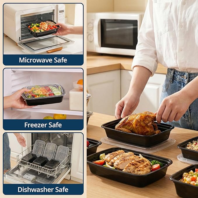 TIYA Food Containers - 28 oz Bulk 150 Pack with Lids - Rectangular Plastic To-Go Containers - Reusable, Microwavable, Dishwasher Safe - Leak-Proof for Meal Prep - BPA-Free