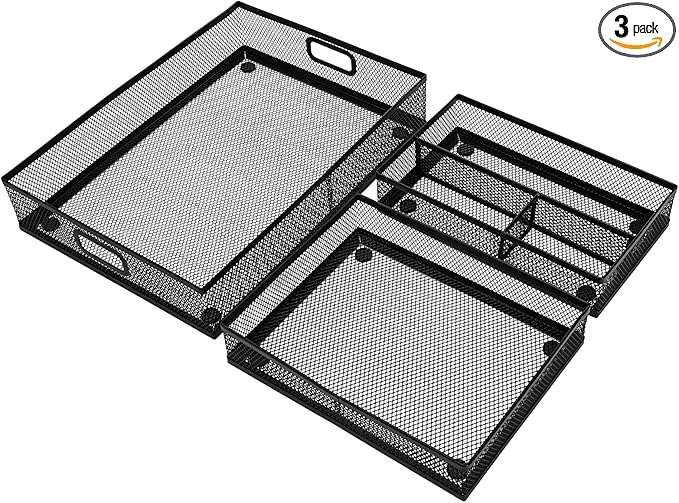 3 Pack Office Drawer Organizer, Desk Drawer Divider Tray, Metal Mesh Desktop Basket, 6 Compartments Pen Storage Box for Makeup, Stationery, Office Supplies & Accessories, Kitchen(Black,3 Size)