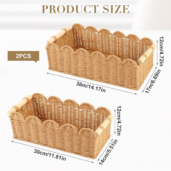 2 Pack Paper Rope Storage Baskets for Toilet Paper, Scalloped Edge Decor Baskets for Bathroom, Hand Woven Organizer Basket with Wooden Handle, Neutral Organizing Basket for Toilet Tank Top Bedroom