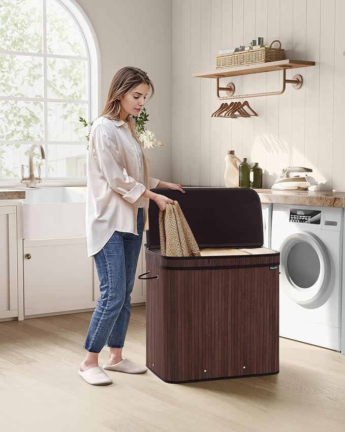SONGMICS Laundry Hamper with Lid, Bamboo Laundry Basket, Removable Machine Washable Laundry Basket, with Handles, 39.6-Gallons, for Laundry Room, Bedroom, Bathroom, Chestnut Brown ULCB062K01