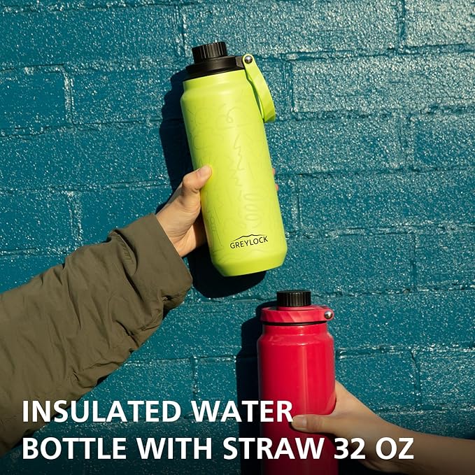 GREYLOCK 24 oz Insulated Water Bottle with Straw Lid, Leakproof Reusable Stainless Steel Vacuum Flask, 24hr Cold & Hot, Carry Handle & Silicone Spout, BPA-Free for Gym, Hiking, Travel,Green