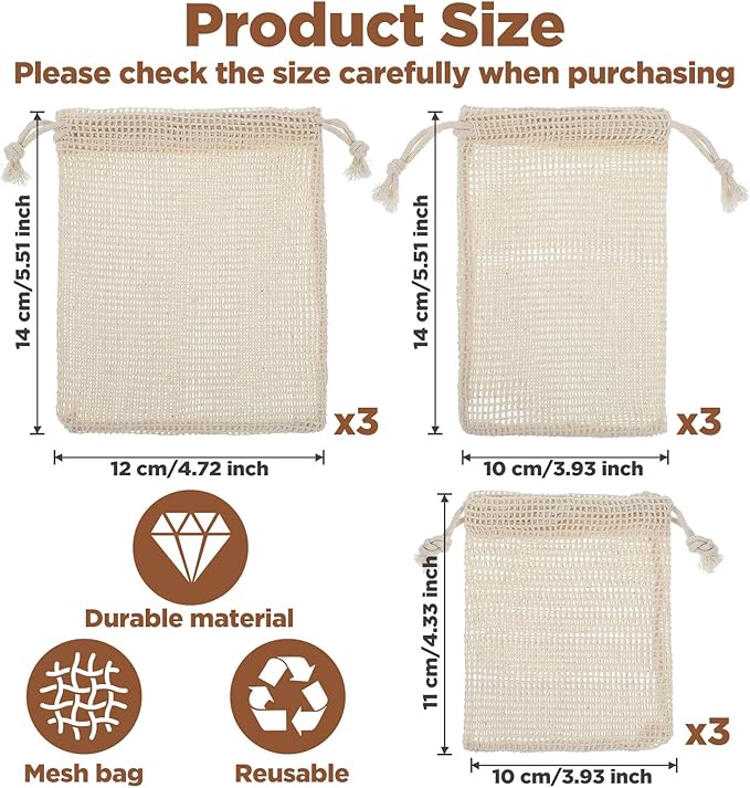 9 Pcs Vegetable Bags for Refrigerator Reusable Produce Bags Grocery Washable Cotton Mesh Produce Bag Reusable Shopping Bag Double-Stitched with Tare Weight Drawstring for Farmers Market (S/M/L)