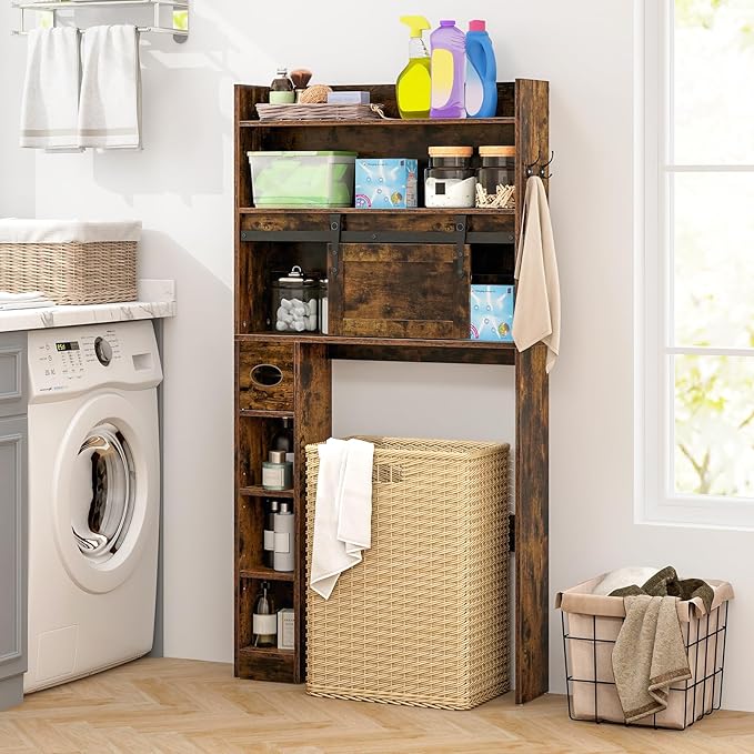 Giantex Over The Toilet Storage Cabinet, Farmhouse Space Saver with Sliding Door, Toilet Paper Holder, Side Hooks & Adjustable Shelves, Over Toilet Bathroom Organizer for Laundry, Restroom (Brown)