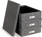 Bigso Oskar Canvas Fiberboard Document Letter Box for Important Paperwork A4 or Letter Size - Durable Keepsake Box with Lid and Metal Label Holder - 3.3in x 10.2in x 13.8in - Melange Grey - 3 Pack