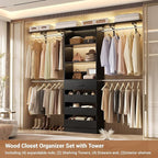 Aheaplus Closet System with 4 Drawers, 8FT Wood Closet Organizer System, 96’’ Walk-in Closet Wardrobe with Tower, 4 Hang Rods, 2 Top Shelves, Built In Closet Insert System, Fits Spaces 4-9 ft, Black