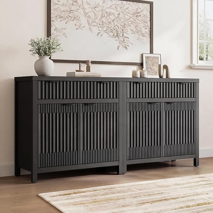 FLOWBACK 64'' Sideboard Buffet Cabinet with Large Storage,Black Fluted Credenza Coffee Bar Storage Cabinet with Drawer and Door, Modern Console Cabinets for Kitchen, Living Room, Entryway,2 PCS