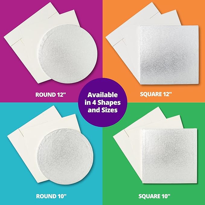 DecoPac 12" Round Silver Cake Drum Board & White Cake Box Combo, 12 Inch Square Bakery Box and Matching Cake Circle Set For Dessert, Pie, And Cookie Transport
