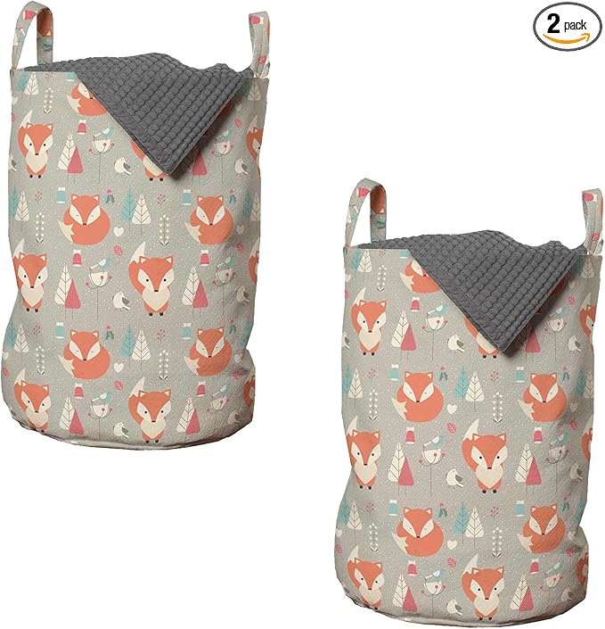 Ambesonne Fox Laundry Bag Pack of 2, Woodland Animal with Birds and Fir Trees Winter Season Flora and Fauna, Hamper Basket with Handles Drawstring Closure, 13" x 19", Orange Grey