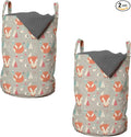 Ambesonne Fox Laundry Bag Pack of 2, Woodland Animal with Birds and Fir Trees Winter Season Flora and Fauna, Hamper Basket with Handles Drawstring Closure, 13" x 19", Orange Grey
