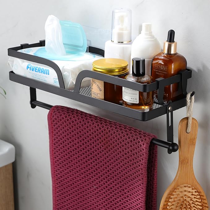 ZUNTO Wall Mount Paper Towel Holder with Shelf, Self Adhesive or Drilling, Stick on Wall Paper Towel Bar Spice Rack for Kitchen, Garage Organizer and Storage, Black