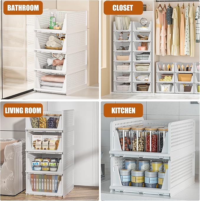 Neprock Clothes Organizers and Storage, 5 Pack Stackable Plastic Bins, Foldable Closet Organizers Drawers for Clothing storage (5L)（White）
