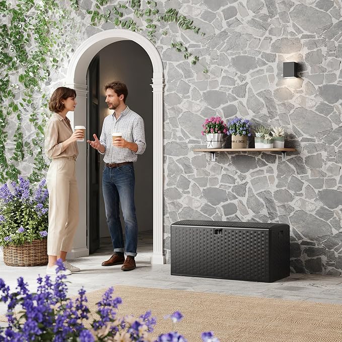Garvee 100 gal Outdoor Storage Box, Lockable Plastic Deck Box with Lid, Waterproof & UV-Resistant Storage Bin for Patio Cushions, Garden Tools & Pool Accessories, Black