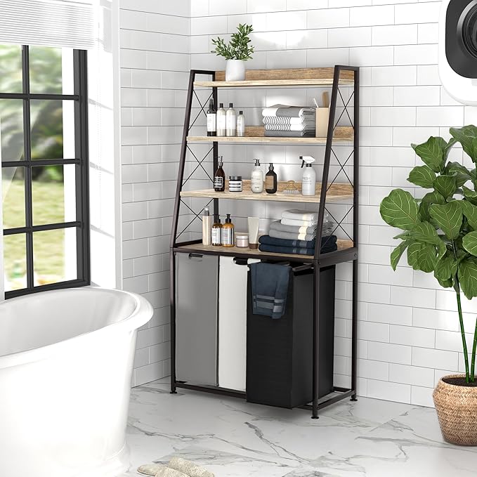 Laundry Basket, 3 Section Laundry Hamper with 4 Tiers Shelf, Pull-Out and Removable Laundry Bags, Large 3 x 15.87 Gallons, for Laundry Room Bathroom Greige PF05XLZ