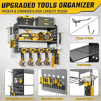 Power Tool Organizer, Heavy Duty Wall Mount Tool Organizer 3 Layers with 4 Drill Holders, Garage Tools Storage Rack with 2 Side Pegboards and Hooks for Workshop, Shed, Black