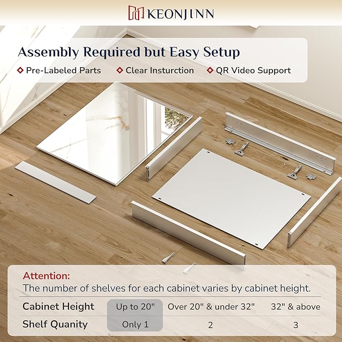 Keonjinn Medicine Cabinet 14 x 18 in, Bathroom Medicine Cabinets Mirror, Small-Sized, Lightweight, One Shelve Only, Surface Mount or Recessed, Tempered Glass, Assembly Required