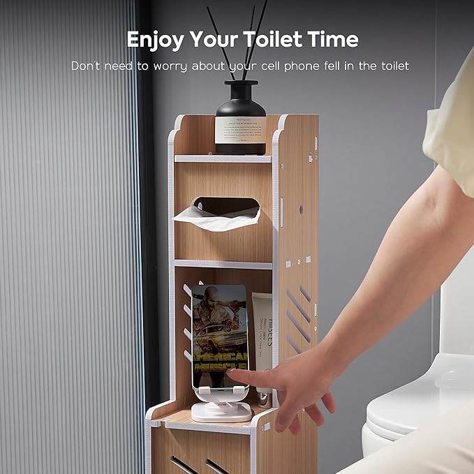 Doxo Waterproof Toilet Paper Holder Behind Toilet Storage Cabinet for Restroom, Slim Toilet Paper Storage with Lid (0ak)
