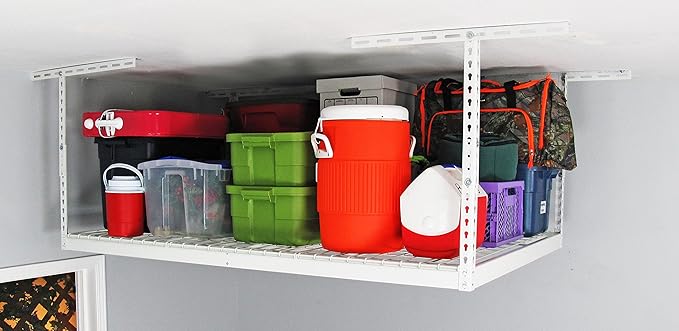 SafeRacks 4x6 Overhead Garage Storage Rack - Height Adjustable Steel Overhead Storage Rack - 500 Pound Weight Capacity (White, 24"-45")
