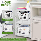 Laundry Basket Holder Shelf – Stackable Engineered Wood Laundry Tower with Wheels, Tiered Laundry Hamper Organizer for Bathroom, Bedroom, Closet (White, 2 Tier)