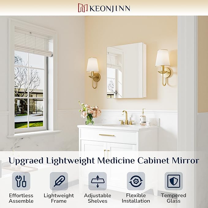 Keonjinn 20 x 26 Inch Small Medicine Cabinet, Assembly Required, White Bathroom Mirror with Storage, Lightweight, Freely Adjustable Shelves, Tempered Glass, Soft Closing, Recessed or Wall Mount