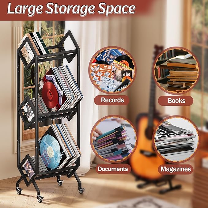 3 Tier Vinyl Record Storage Rack, Mobile Black Metal LP Storage Display Stand with Casters, Large Capacity Record Holder for Albums, Books, Magazines, and Office Files