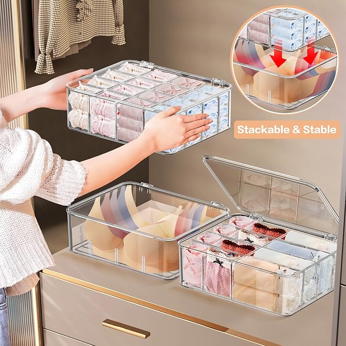 Sock Underwear Organizer, 16 Compartment Adjustable Dividers Tie Bras Socks Underwear Drawer Organizers for Closet, Clear Plastic Storage Containers Box with Lids for Bra Ties Scarf Socks