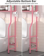 3-Tier Over The Toilet Storage, Freestanding Metal Bathroom Shelves with 4 Hooks, Over Toilet Storage Shelf with Paper Holder, Above The Toilet Shelf for Bathroom Storage, Pink