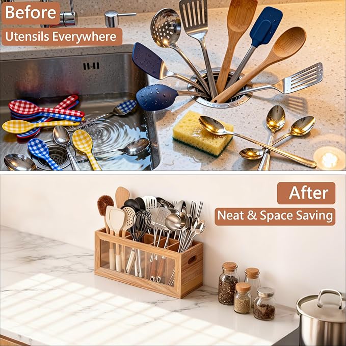Rectangular Kitchen Utensil Holder for Countertop, Extra Large Kitchen Utensils Holder with 8 Compartments and Absorbing Drying Stone, Acacia Wood Silverware Caddy Organizer for Farmhouse Decor