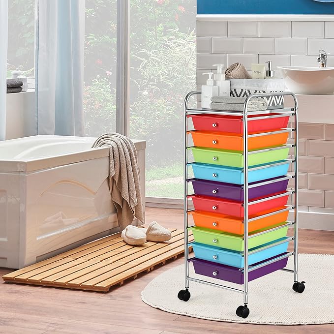 GOFLAME 10-Drawer Rolling Storage Drawer Cart, Utility Cart with Removable Drawers & Metal Frame, Mobile Art Craft Drawer Cart with Lockable Wheels for Home, Office, Studio, School, Multicolor