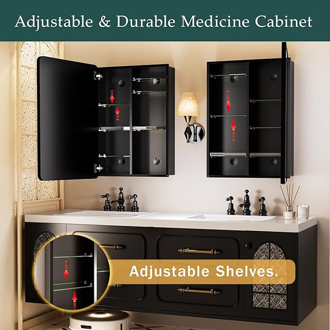 Medicine Cabinet with Mirror 20x30 Inch, Aluminum Bathroom Cabinet for Recessed or Surface Mount, Black Frame, Six Adjustable Glass Shelves, Soft Close Hinge, Reversible Door