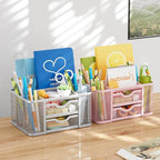 Marbrasse Mesh Desk Organizer, Pen Organizer with 2 Drawer, Multi-Functional Pencil Holder, Desk Organizers and Accessories with 5 Compartments + Drawer for Office Art Supplies (Pink)