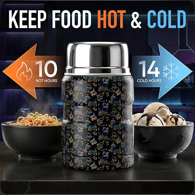Earth&ME 17 OZ Soup Thermo for Hot & Cold Food for Kids, Vacuum Insulated Steel Lunch Container, Kids Wide Mouth Bento Thermal Food Jar, Warm Food Lunchbox Thermo Bowls with Spoon (Black Gamepad)