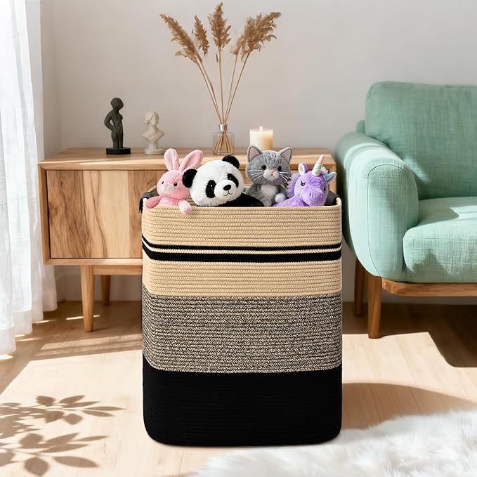Laundry Hamper, 85L Tall Laundry Basket with Leather Handles, Rectangle Large Clothes Hamper for Organizing, Cotton Woven Laundry Baskets Storage Hampers for Bedroom, Nursery, Living Room