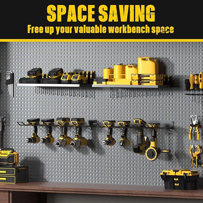 Power Tool Organizer Wall Mount, Heavy Duty Tool Organizers and Storage, Cordless Drill Holder and Battery Shelf, Metal Storage Rack for Garage Organization (Drill 2 racks & 2 shelves)