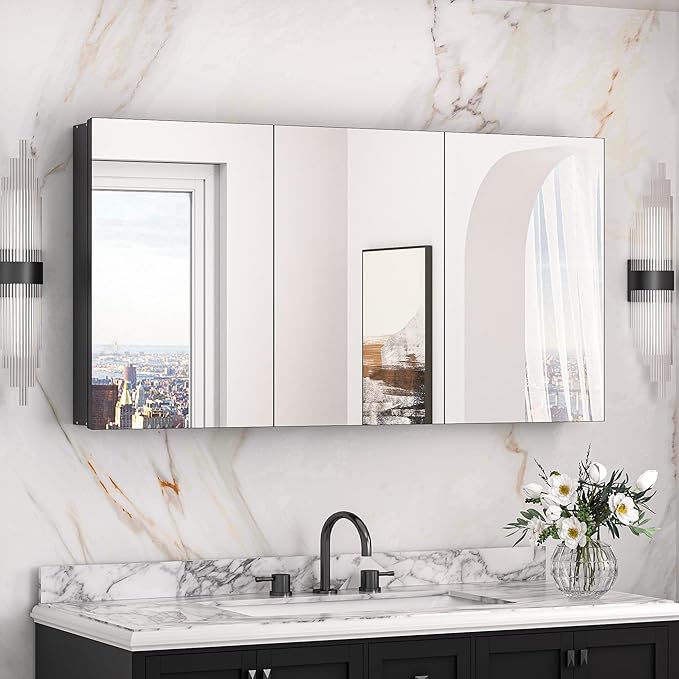 Keonjinn 48 x 26 Inch Medicine Cabinet, Assembly Required, Black Bathroom Medicine Cabinets Mirror, Lightweight, Adjustable Shelves, Surface Mount or Recessed, Tempered Glass
