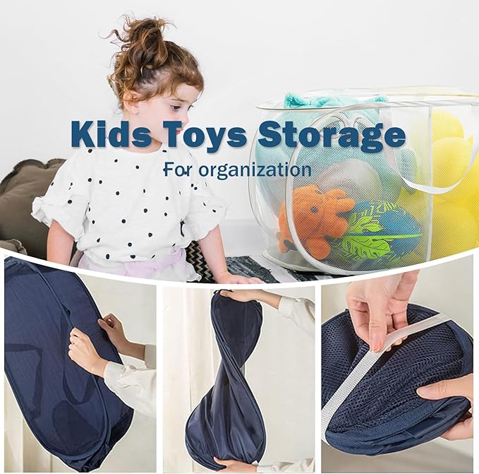 4 Pack Collapsible Laundry Baskets Dual Compartment, Mesh Pop Up Hamper with Easy Carry Handles, Foldable laundry hamper for College Dorm, Kids Room, Laundries and Travel, toy storage basket