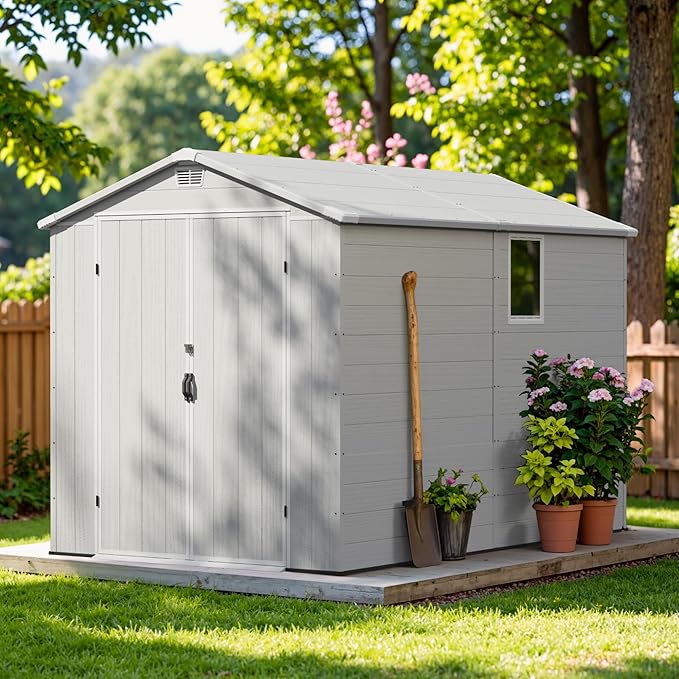 Greesum 6×10FT Plastic Outdoor Storage Shed with Floor, Resin Storaged Sheds with Lockable Double Door, Windows & Vents, All-Weather Tool Sheds for Garden, Patio, Backyard, Light Gray