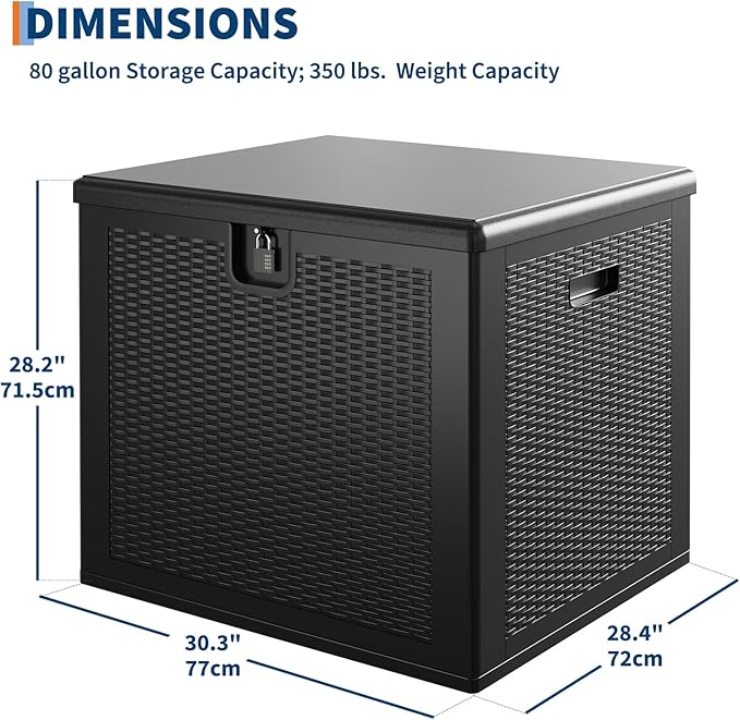 Garvee 80 gal Outdoor Storage Box, Large Waterproof Resin Deck Box Indoor Outdoor Use, Lockable UV Resistant Storage Bin for Patio, Garden, Cushions, Tools, Equipment, Black