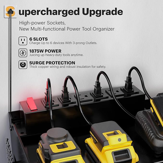 Power Tool Organizer Wall Mount with Charging Station, 15 Min Assembly & Maximum 420lb Load by Heavy Duty Metal, 8 Slots for Cordless Drill, Tool Battery Holder with 6 Outlet Power Strip