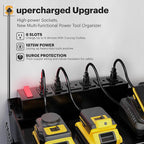 Power Tool Organizer Wall Mount with Charging Station, 15 Min Assembly & Maximum 420lb Load by Heavy Duty Metal, 8 Slots for Cordless Drill, Tool Battery Holder with 6 Outlet Power Strip