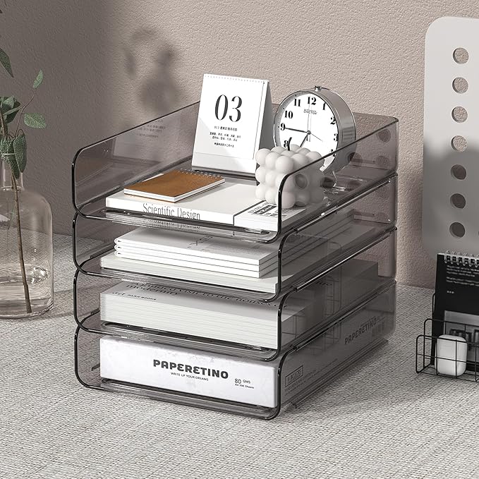4-Tier Acrylic Paper Tray Organizer | Clear Stackable Desk Organizer for Documents, Letters, A4 Paper | Modern Office/Classroom/Home Organization,Brown