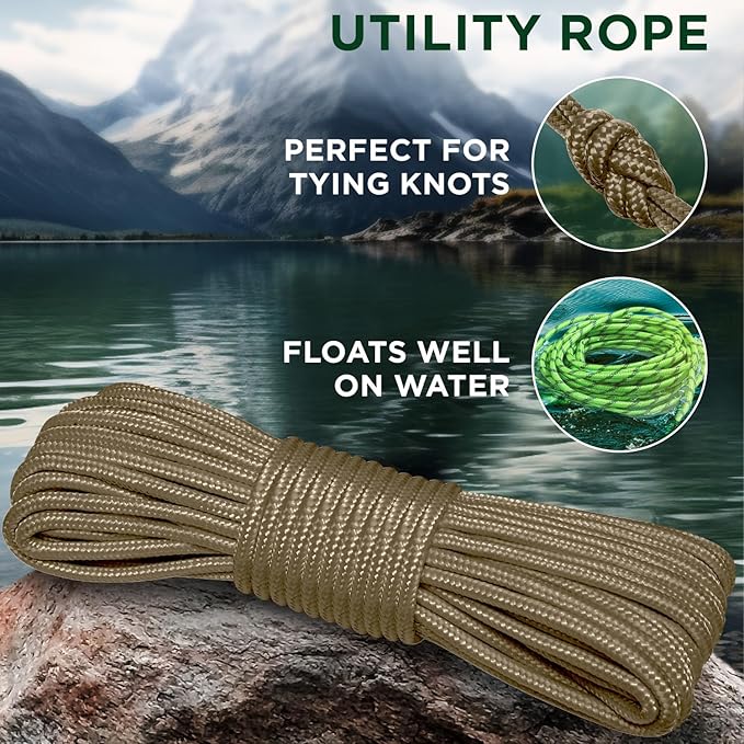 TECEUM Rope – 90 Feet x 3/8 Inch (10mm) – Coyote Brown – Strong All-Purpose Utility Rope – Camping, Crafting, Flag Pole, Indoor & Outdoor – Polypropylene Nylon Poly Lightweight Diamond Braided Cord