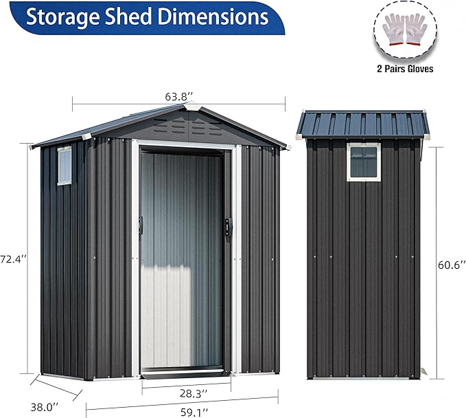 JY QAQA 5x3 FT Metal Outdoor Garden Storage Shed, Waterproof Metal Garden Sheds with Window and Lockable Double Door, Weather Resistant Steel Tool Storage House Shed for Patio, Lawn Gray