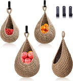 Hanging Fruit Large Basket Set of 3, Boho Wall Hanging Storage Basket for Organizing, Handmade Teardrop Hammock Holder for Fruit Vegetable in Home & Restaurant Kitchen with Hooks, Linen