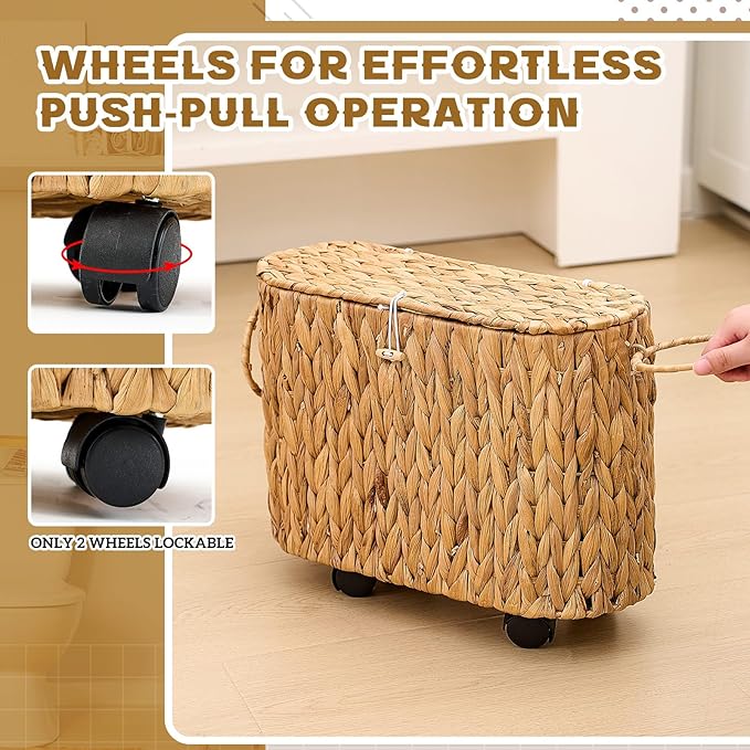Weysat Wicker Toilet Paper Basket with Lid and Detachable Wheels Boho Slim Woven Toilet Paper Holder Holds up to 9 Mega Rolls for Home Bathroom Decor Organizer