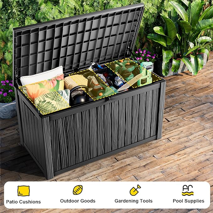 200 Gallon Outdoor Waterproof Resin Storage Deck Box Lockable Outside Bench UV Resistant Bin Patio Porch Furniture Pool Float Garden Tool Cushion Black