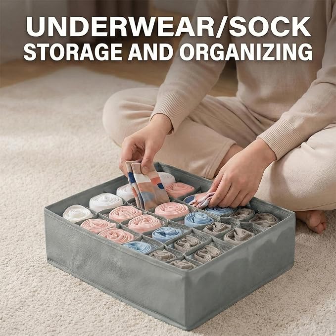 Gray 24 Grid 3 Pack Foldable Underwear Sock Storage Organizer, Non-Woven Fabric Closet Drawer Divider Bins for Socks, Ties, Baby Clothes, Dresser & Wardrobe Organization Boxes (Grey 3 Pack)