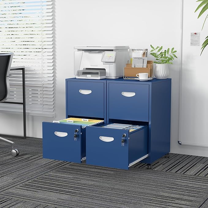 2 Drawer File Cabinet with Lock,Blue Rolling File Cabinet for Home Office,Printer Stand, Metal Small Mobile Filing Cabinets on Wheels for Hanging Letter