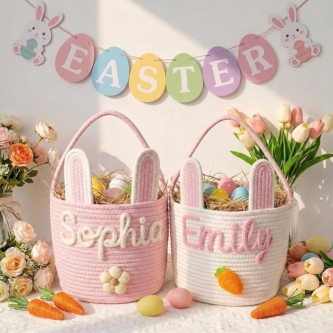 Personalized Embroidered Baby Easter Basket with Name, Custom Bunny Baskets Egg Hunt for Kids, Baby Easter Gift, Egg Hunt Basket for Kids, Boys, Girls A2