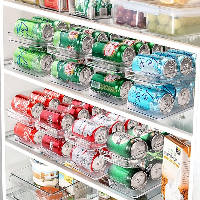 Rolling Soda Can Organizer for Refrigerator Can Dispenser for Fridge Beer Soda Seltzer Pop Can Soda Organizer for 10 Standard Size 11.15oz or 12oz Cans Holder Storage Pantry Organization