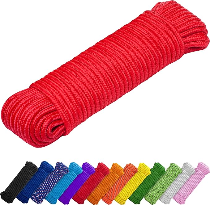 TECEUM Rope – 90 Feet x 1/4 Inch (7mm) – Red – Strong All-Purpose Utility Rope – Camping, Crafting, Flag Pole, Indoor & Outdoor – Polypropylene Nylon Poly Lightweight Diamond Braided Cord